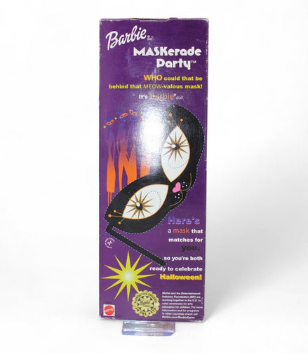 Side view of Barbie Maskerade Party box showing mask design