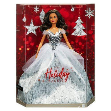 2021 Holiday Barbie Doll in silver gown with brunette hair in festive packaging
