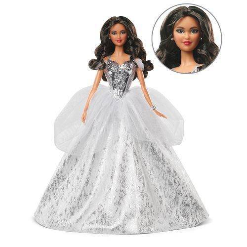 Close-up of 2021 Holiday Barbie Doll with brunette hair and silver gown