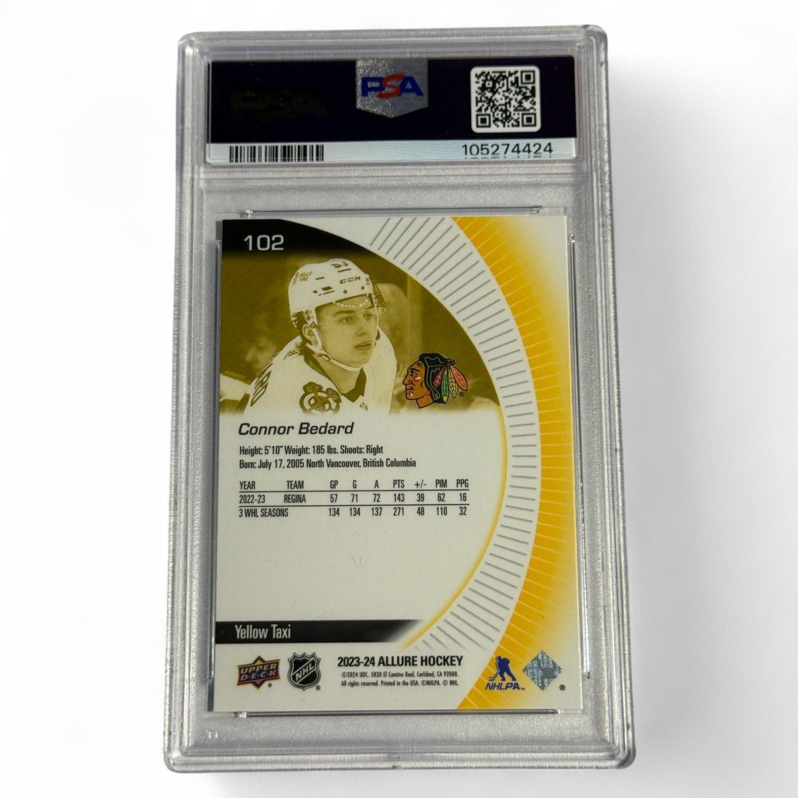 2023 UD Allure Connor Bedard Rookie Card 102 PSA 9 Mint – Yellow Taxi - Flip Side CollectiblesSports CardUpper Deck