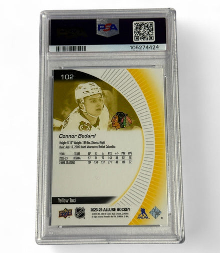2023 UD Allure Connor Bedard Rookie Card 102 PSA 9 Mint – Yellow Taxi - Flip Side CollectiblesSports CardUpper Deck