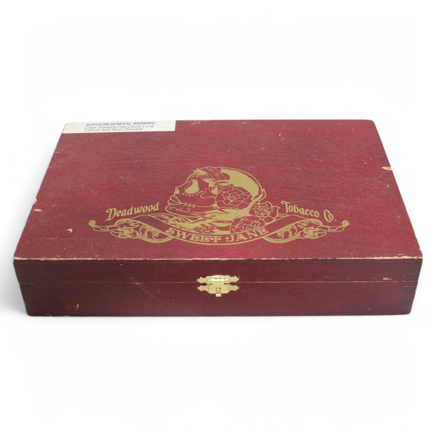 Deadwood Sweet Jane Wooden Cigar Box With Hinged Lid & Gold Skull Design