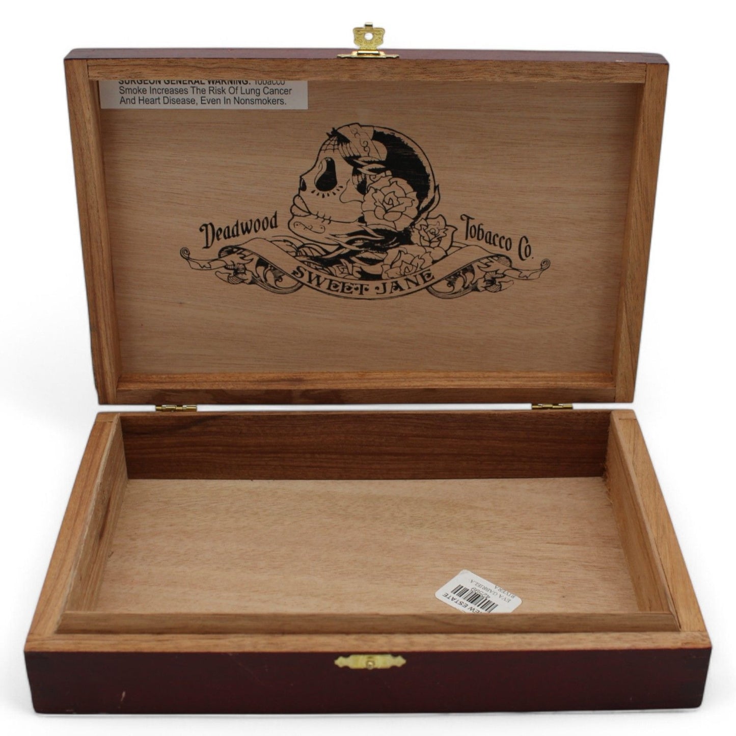 Deadwood Sweet Jane Wooden Cigar Box With Hinged Lid & Gold Skull Design