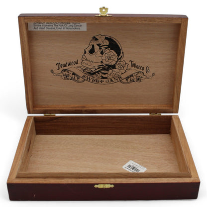Deadwood Sweet Jane Wooden Cigar Box With Hinged Lid & Gold Skull Design