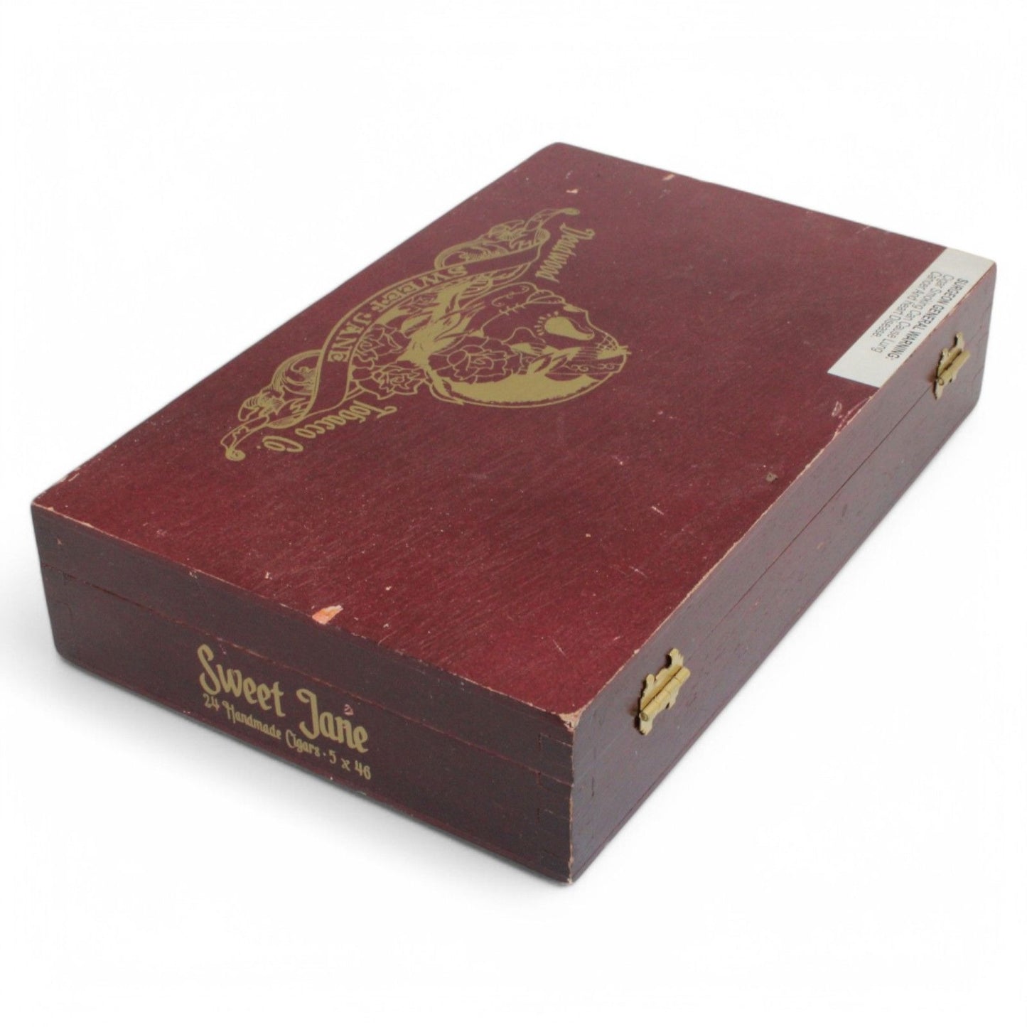 Deadwood Sweet Jane Wooden Cigar Box With Hinged Lid & Gold Skull Design