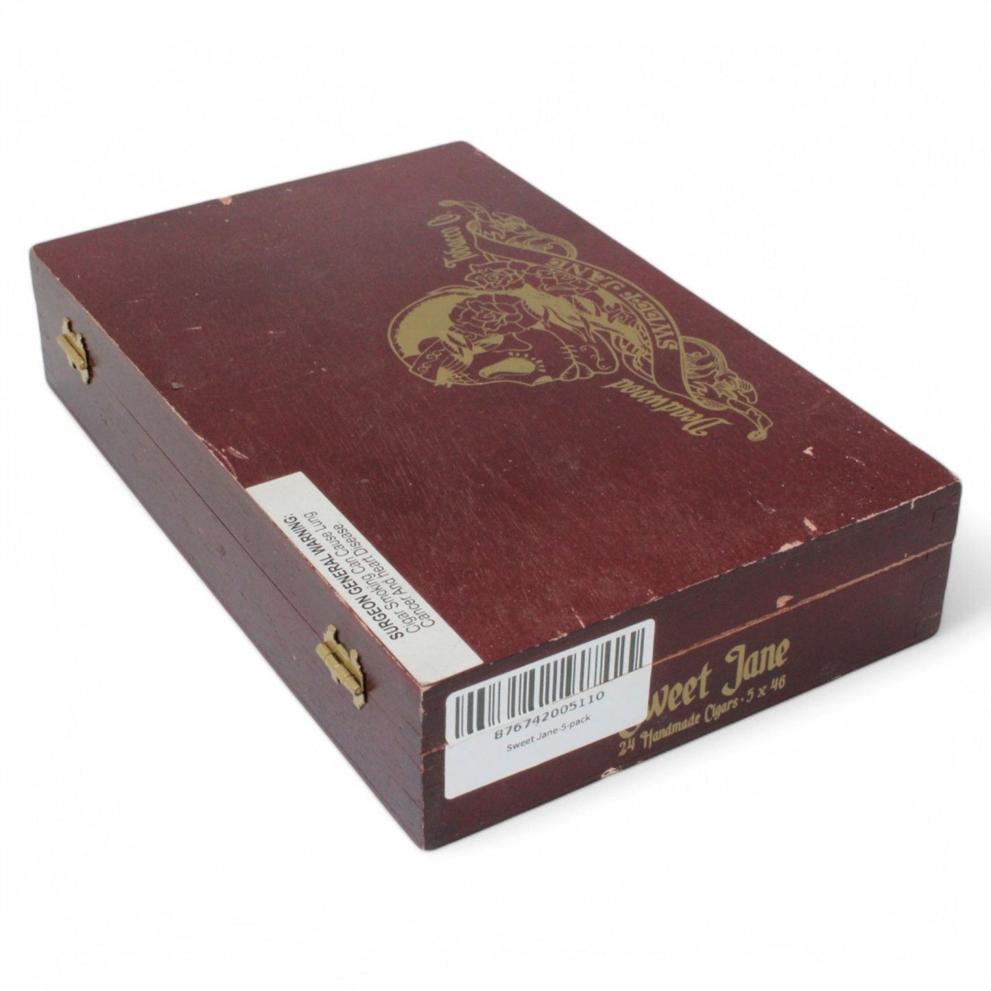 Deadwood Sweet Jane Wooden Cigar Box With Hinged Lid & Gold Skull Design