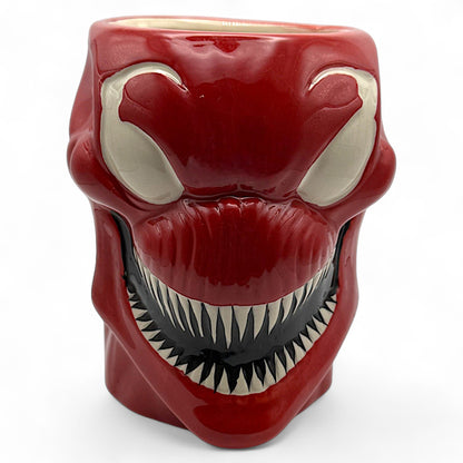 Front view of Carnage Marvel mug with detailed sculpted face, red and black ceramic coffee mug
