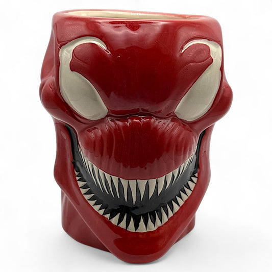 Front view of Carnage Marvel mug with detailed sculpted face, red and black ceramic coffee mug
