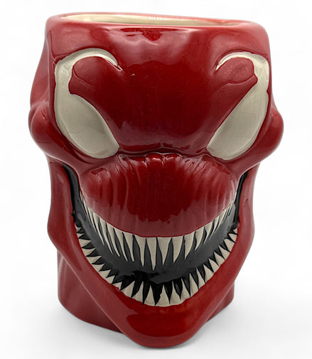 Front view of Carnage Marvel mug with detailed sculpted face, red and black ceramic coffee mug
