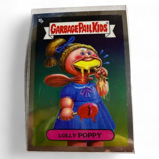 Front view of Garbage Pail Kids Lolly Poppy #223a trading card showing Lolly Poppy eating dripping lollipop  
