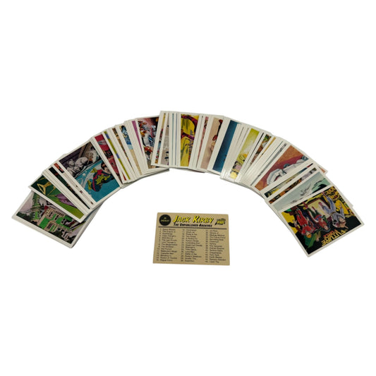 complete set of Jack Kirby Unpublished Archives trading cards from 1994, spread out in a fan shape with checklist visible
