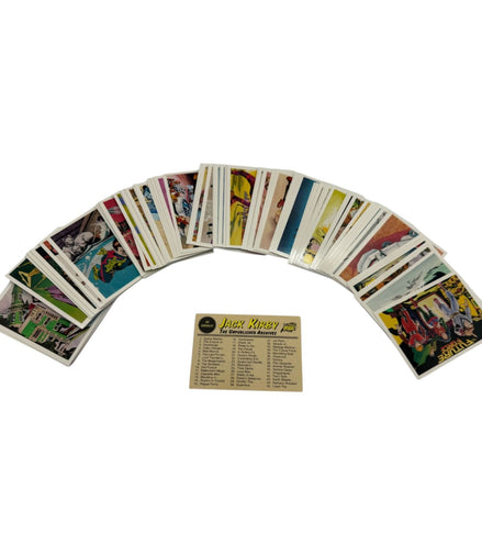 complete set of Jack Kirby Unpublished Archives trading cards from 1994, spread out in a fan shape with checklist visible
