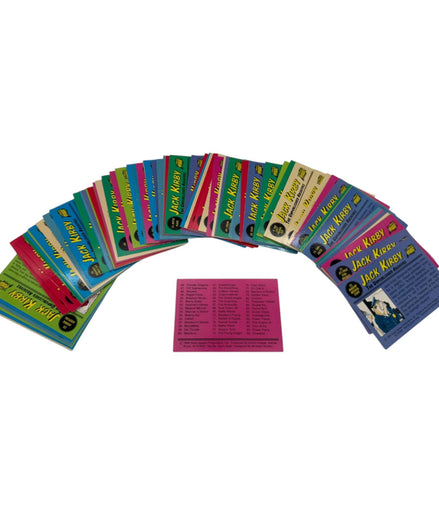 back side of Jack Kirby Unpublished Archives trading cards showing colorful card backs and second checklist card
