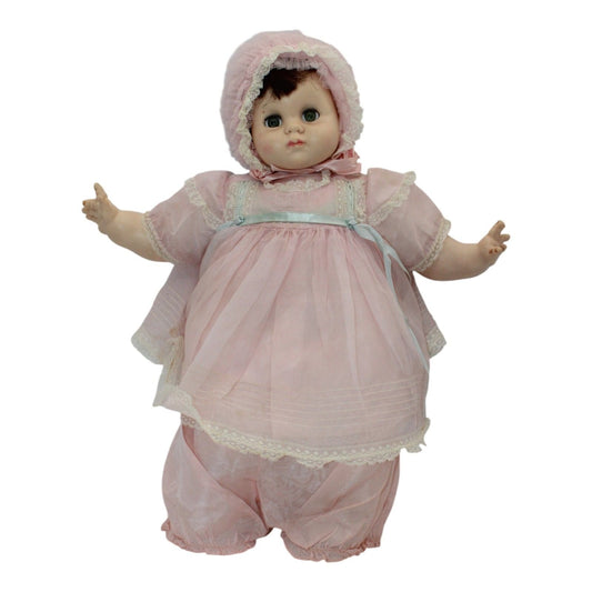 1970s Madame Alexander Mary Mine Baby Doll 20" In Pink Dress Bonnet & Bloomers