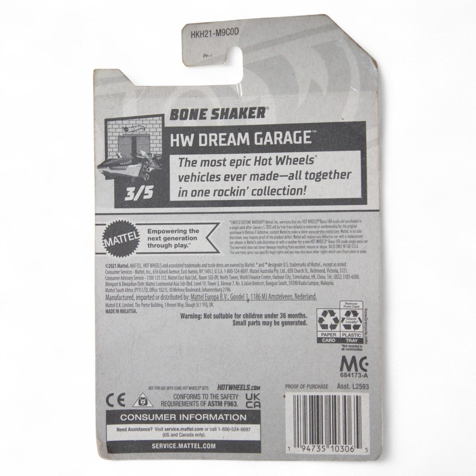 A Hot Wheels Dream Garage “Bone Shaker” 1:64 scale die‑cast car in 60/250 black mainline release, still sealed in its Legends Series packaging.
