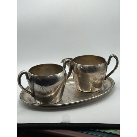 Antique Silverplate Creamer Sugar Tray Set Vintage Silver on Copper Patina