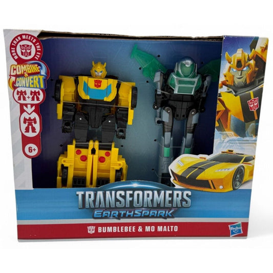 Front view of packaging showing Transformers EarthSpark Bumblebee and Mo Malto Cyber-Combiner set with Bumblebee and Mo Malto figures visible.

