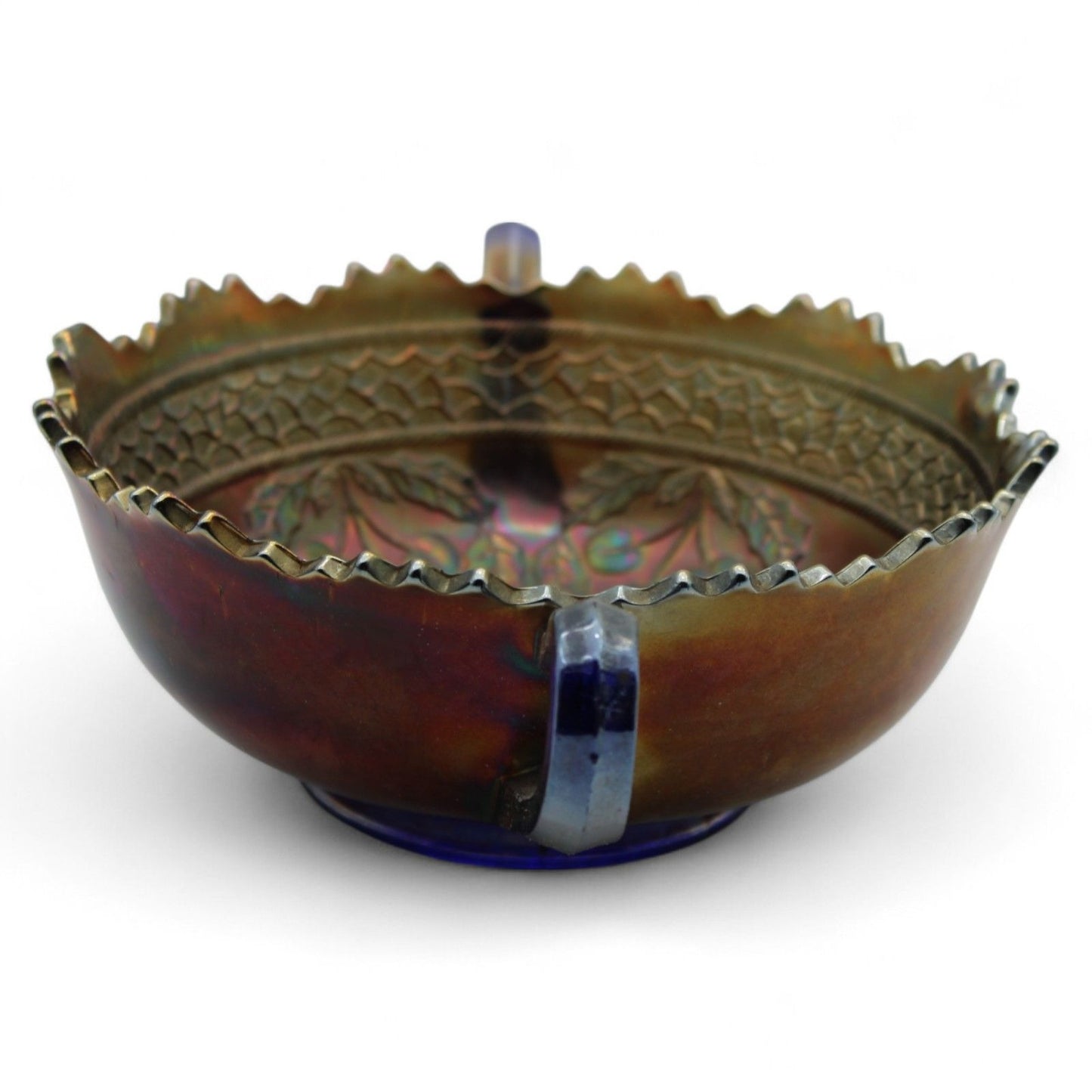A vintage Fenton Carnival Glass cherry circles bonbon bowl with two handles, scalloped edge, and beautiful iridescent finish, excellent display piece.
