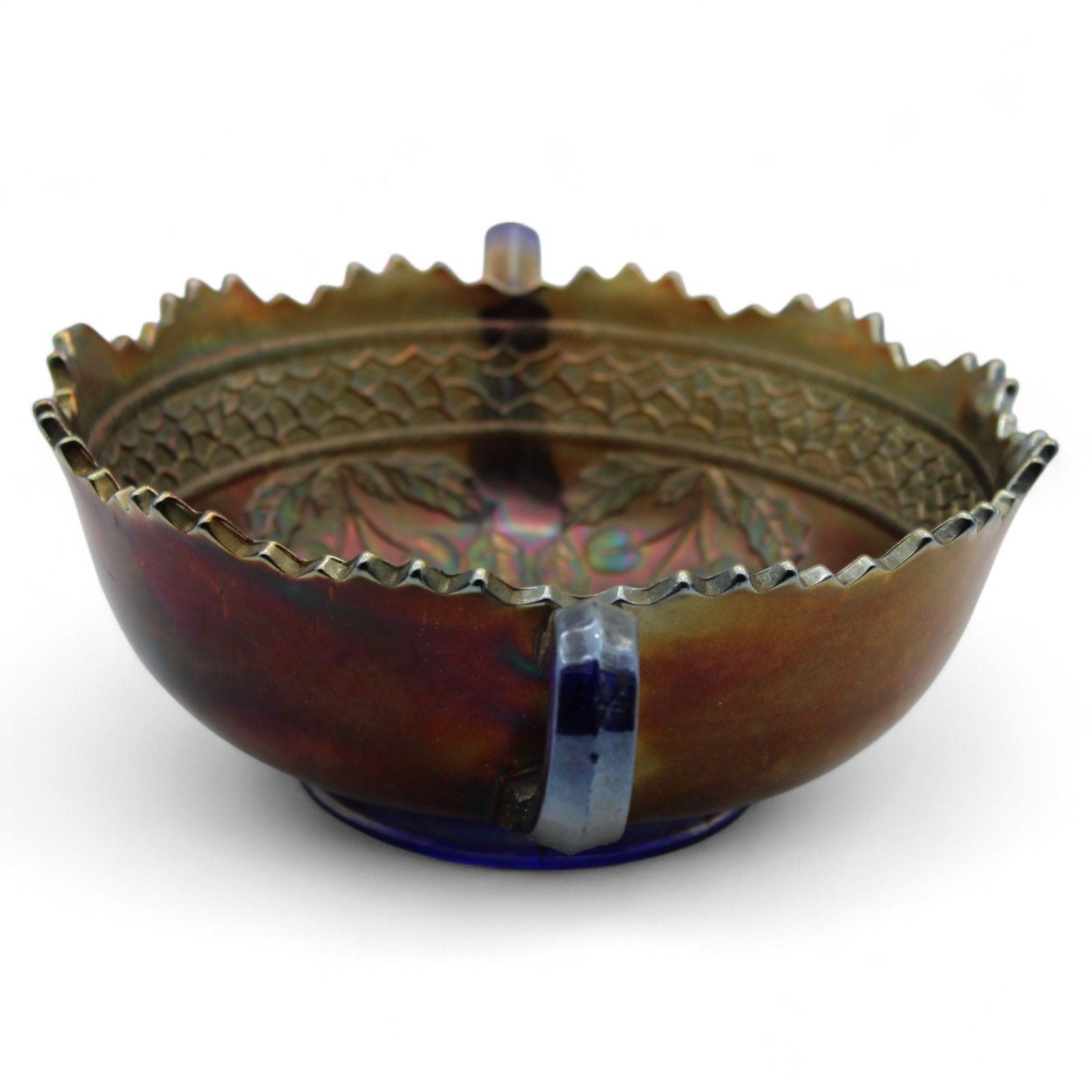 A vintage Fenton Carnival Glass cherry circles bonbon bowl with two handles, scalloped edge, and beautiful iridescent finish, excellent display piece.

