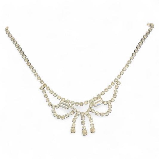 Vintage Rhinestone Necklace With Bow Design & Box Clasp 15"