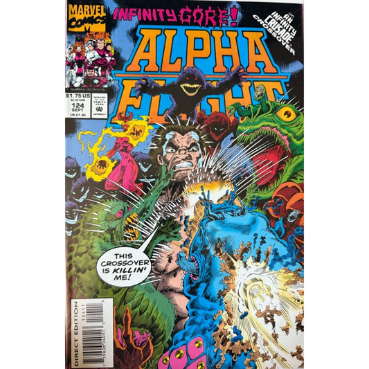 A near‑mint Marvel Comics Alpha Flight #124 cover from September 1993, featuring the “Infinity Gore!” crossover tie‑in with demon‑possessed Witchfire by Pat Broderick.
