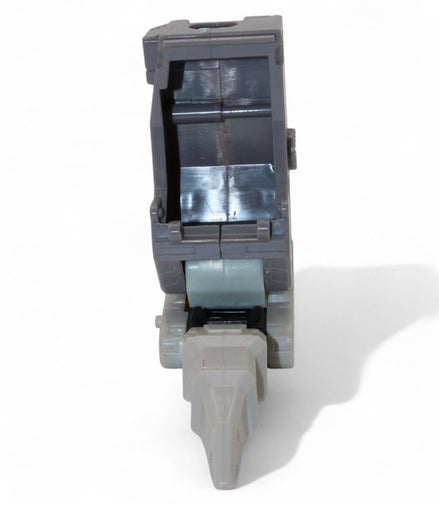 Side view of gray and purple Unicron replacement foot and leg