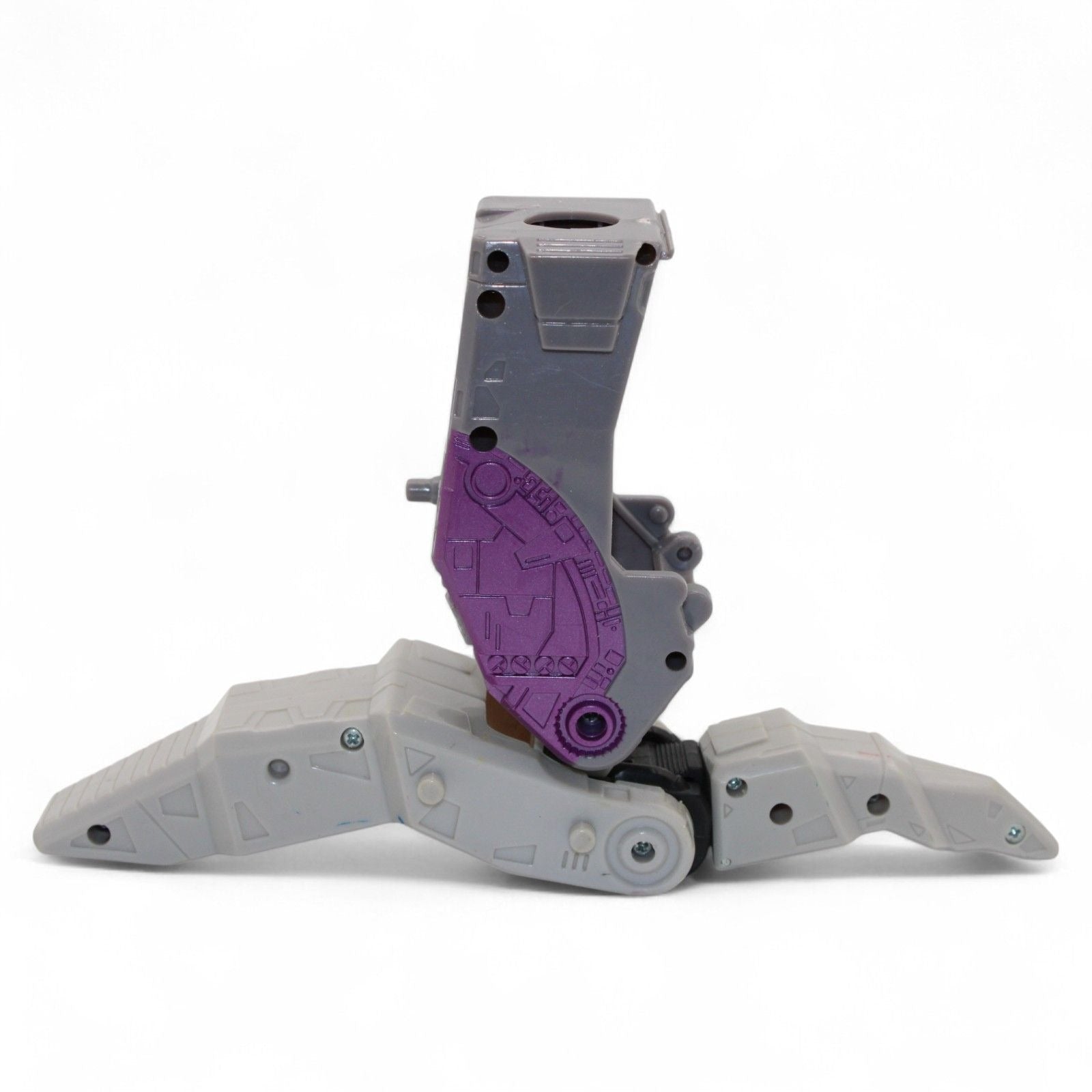 Close-up of gray and purple Unicron foot and leg part