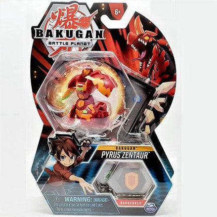Bakugan Battle Planet Pyrus Zentaur packaging with Bakugan and BakuCores