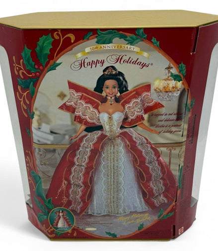 Back view of Barbie 1997 Happy Holidays Special Edition Doll box showing details