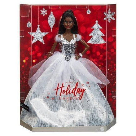 Barbie 2021 Holiday Doll with dark hair in silver gown packaging