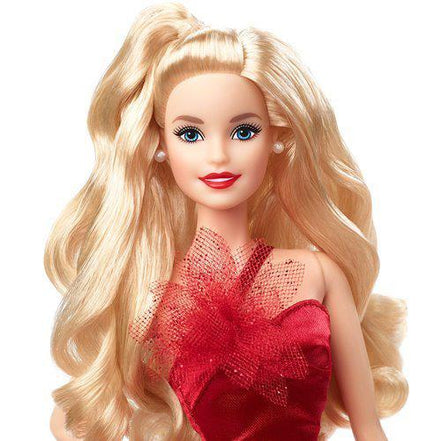 Barbie doll in red gown with long blonde hair