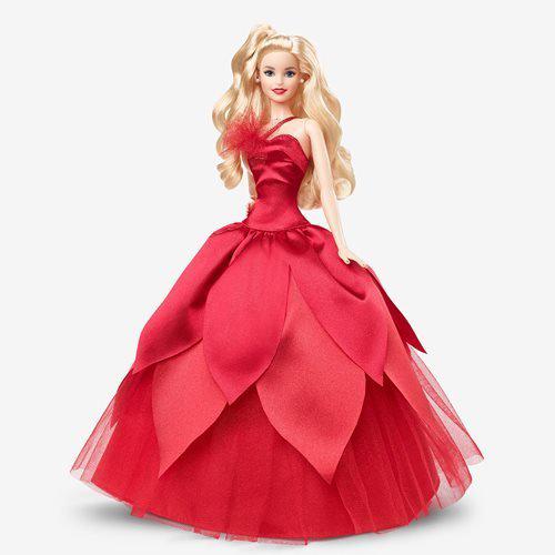Barbie doll in red gown with long blonde hair