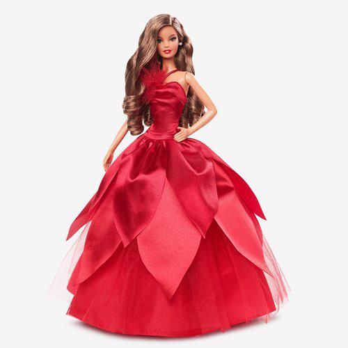 Barbie doll in red gown with long blonde hair