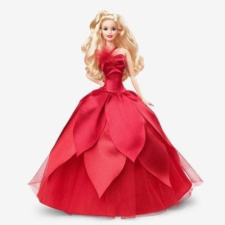 Barbie doll in red gown with long blonde hair