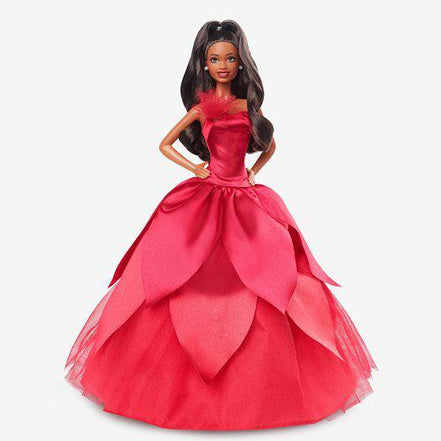 Barbie doll in red gown with long dark hair