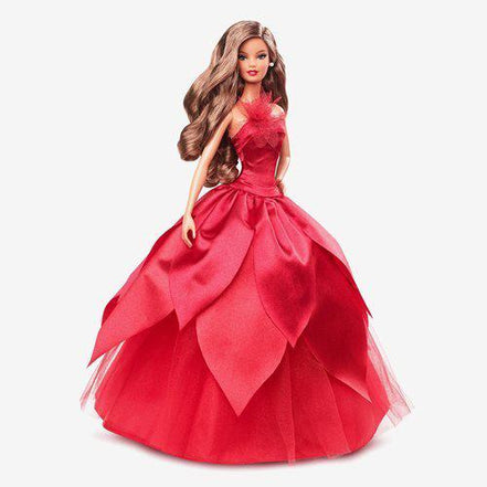 Barbie doll in red gown with long brown hair