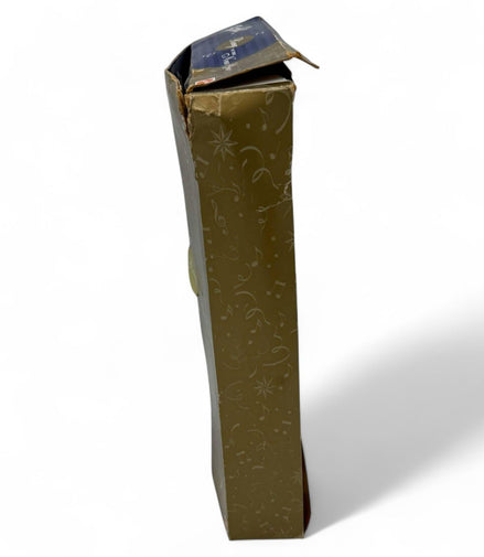Side view of damaged gold and blue box for Barbie doll