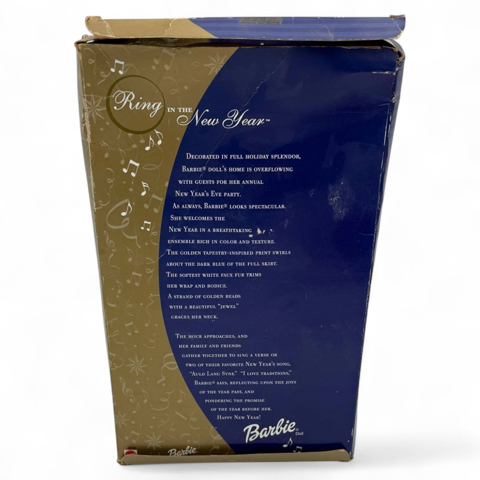 Back view of Barbie doll box with musical notes design
