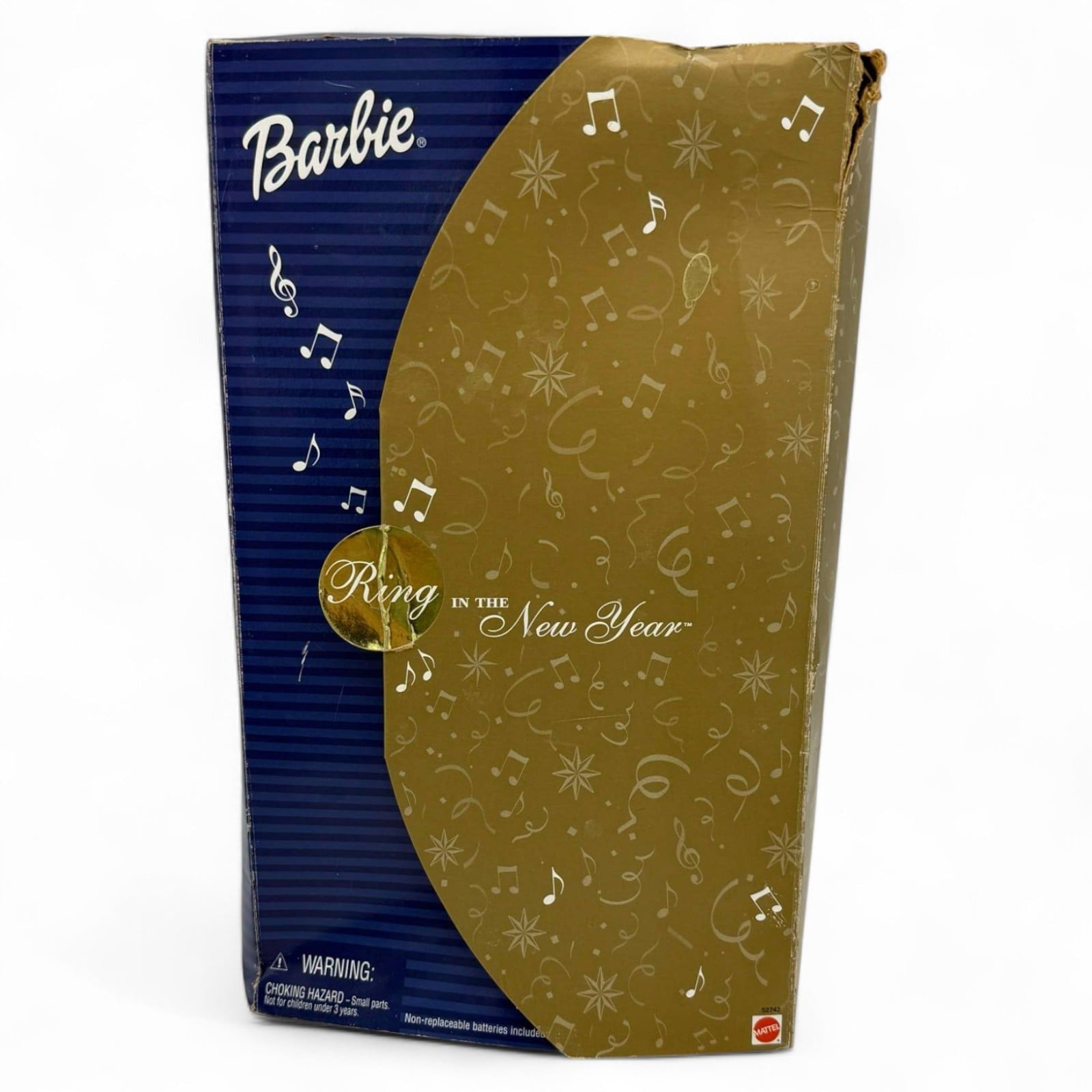 Front view of Barbie doll box with gold and blue design