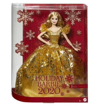 Barbie Holiday 2020 Blonde Hair Doll in gold gown packaging