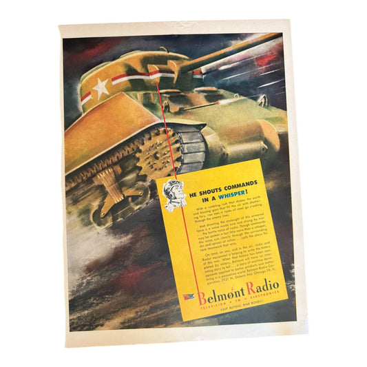 Full-color Belmont Radio WWII tank communication ad with dramatic illustration and yellow text box.  
