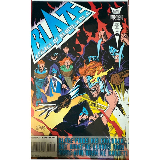 A mint condition Marvel Blaze: Legacy of Blood issue 2 comic book cover by Ron Wagner and Bill Sienkiewicz featuring Blade’s alter‑ego Johnny Blaze in the Legacy of Blood arc.
