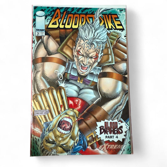 A mint condition Image Comics Bloodstrike issue 3 cover featuring the "Blood Brothers Part 4" story by Rob Liefeld and Dan Fraga, collectible.
