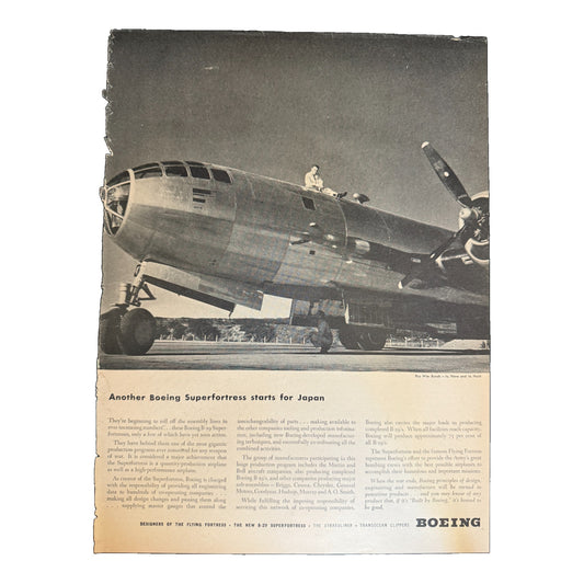 Front side of original 1944 Boeing B-29 Superfortress WWII ad showing military aircraft and headline.  
