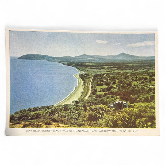 Vintage Irish postcard of Bray Head, Killiney Beach, Vale of Shanganagh, and Wicklow Mountains, printed in natural color by Cahill & Co., Dublin.
