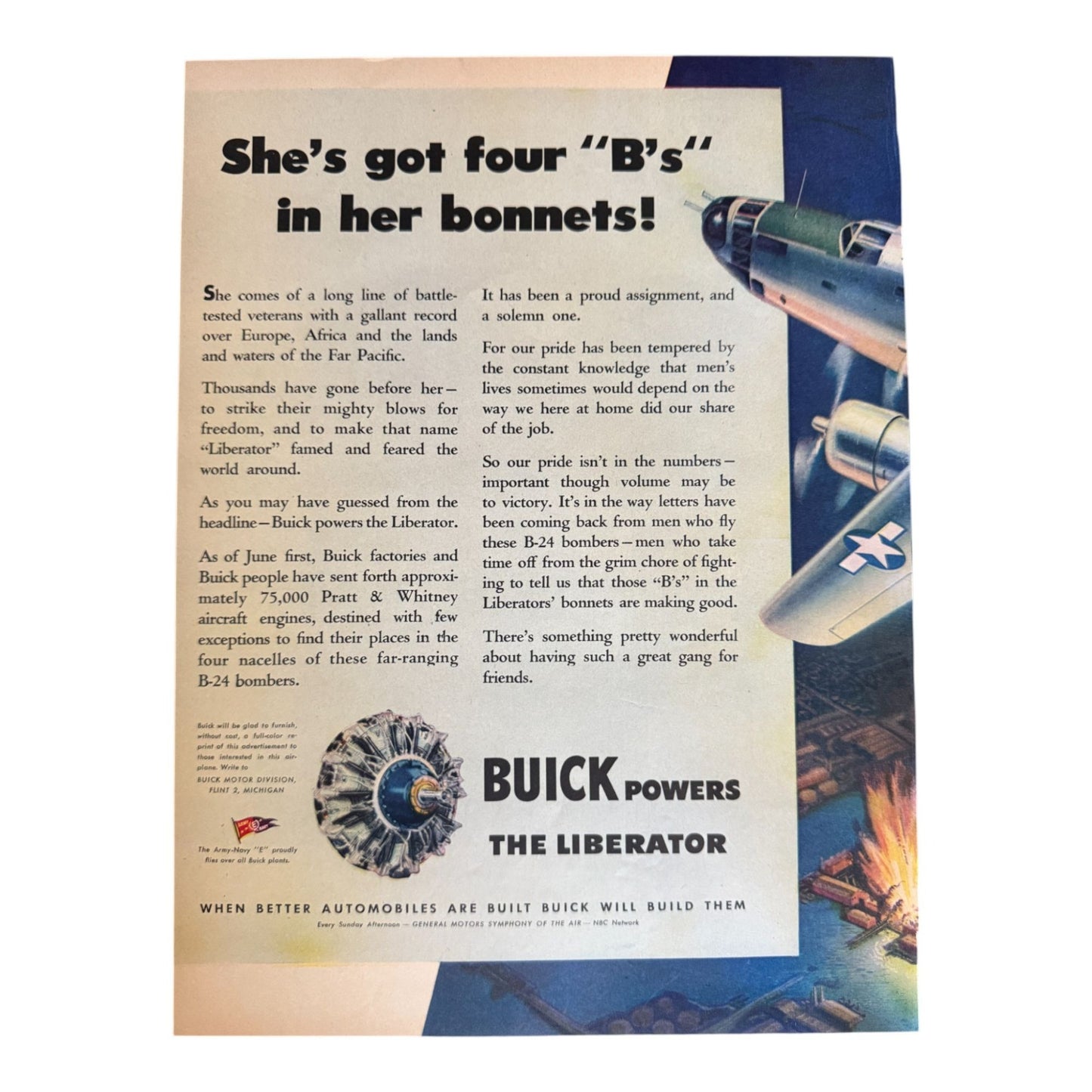 Side A – Buick “She’s got four ‘B’s’ in her bonnets!” WWII bomber ad showcasing a B‑24 and engine illustration.  
