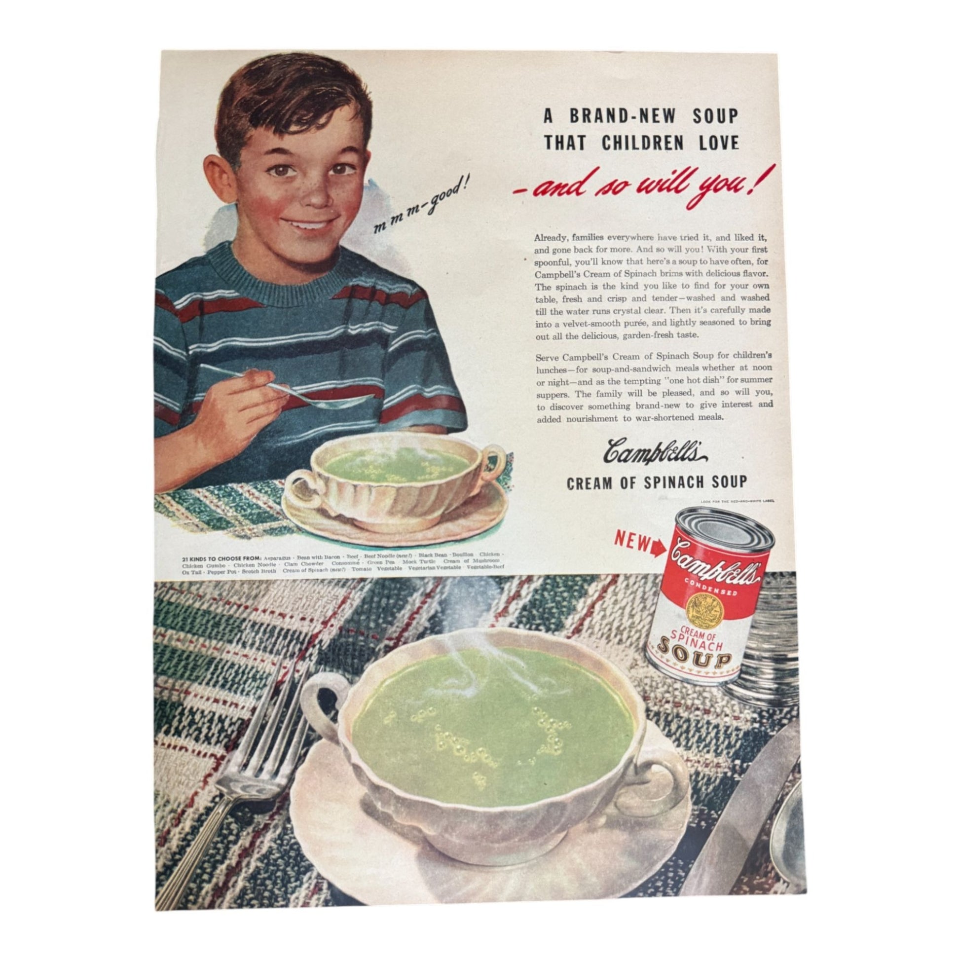 Side B – Campbell’s Cream of Spinach Soup ad with boy enjoying soup and branded can image.  

