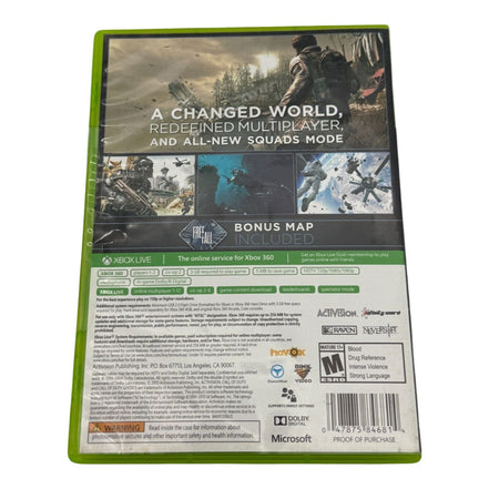 Back cover of Call of Duty Ghosts Xbox 360 game case with features
