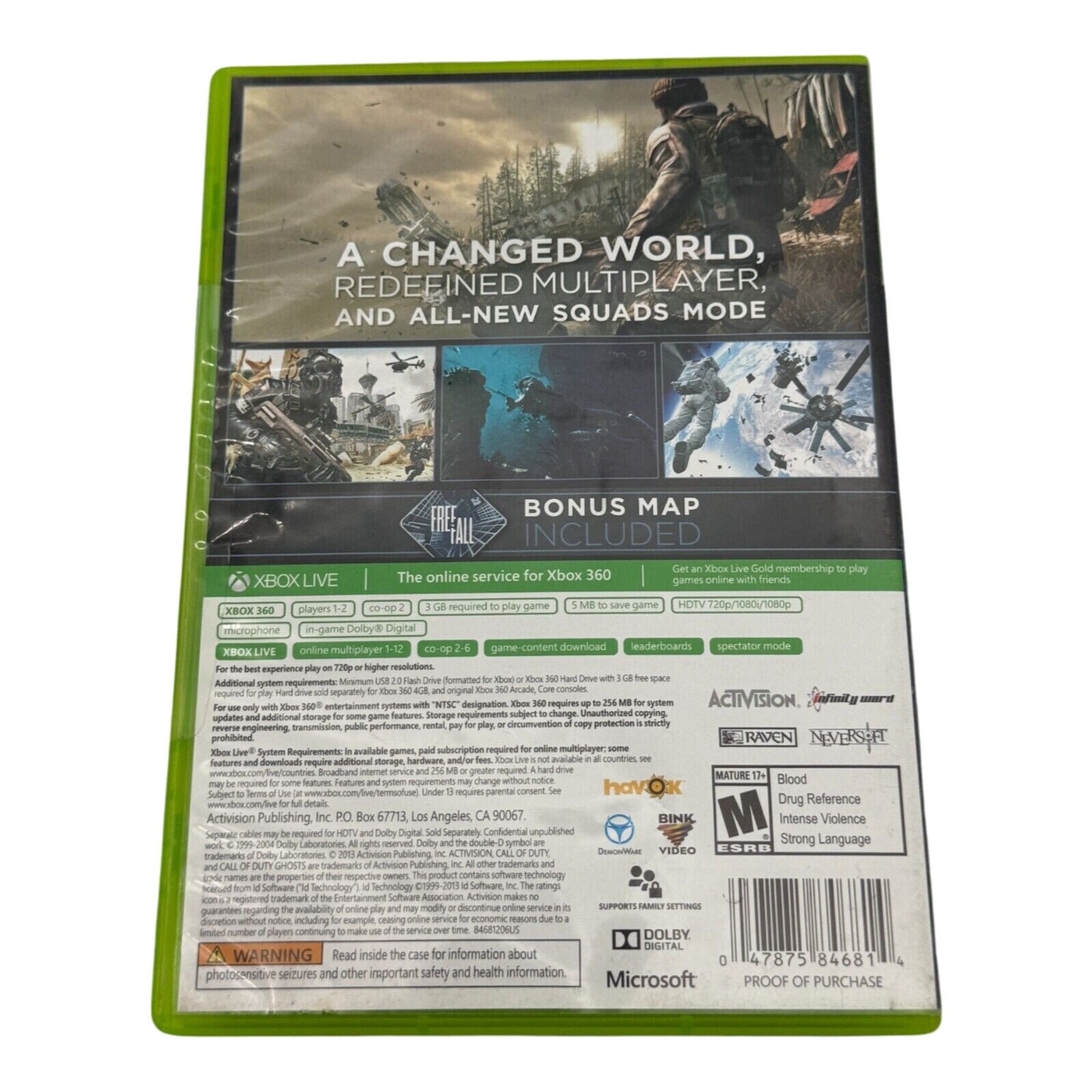 Back cover of Call of Duty Ghosts Xbox 360 game case with features