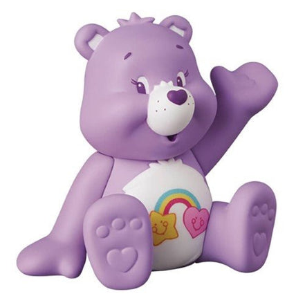 Purple Care Bear figure with rainbow and hearts belly badge